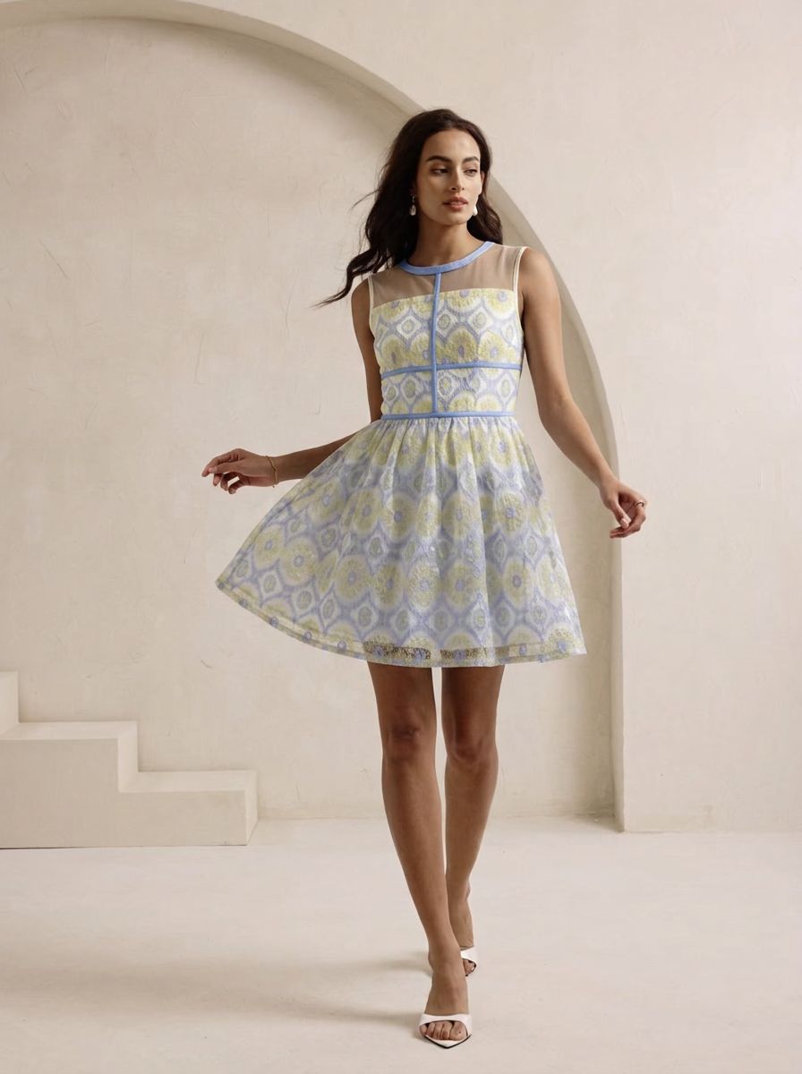 Pixelcut on-model result with the custom model wearing the embroidered blue and yellow dress