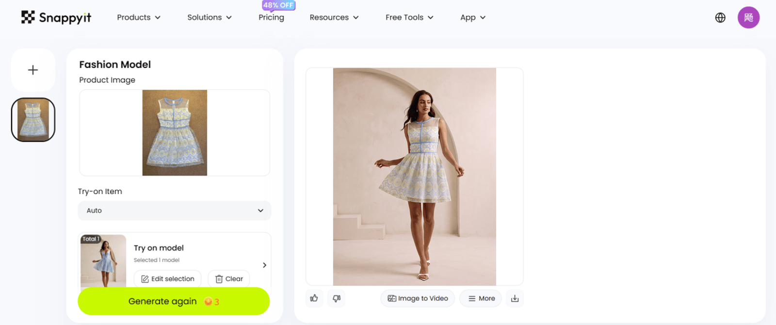 Snappyit Fashion Model workbench with the embroidered dress and selected custom model