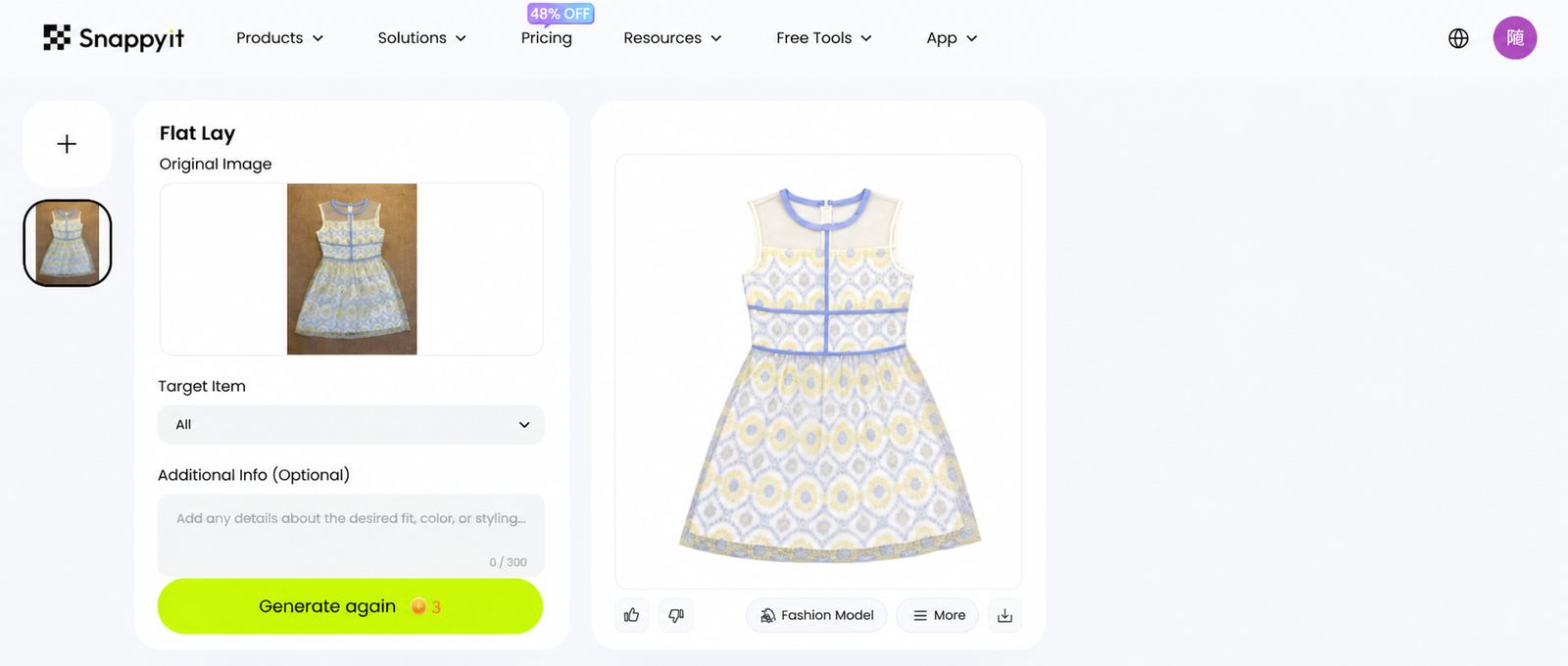 Snappyit Flat Lay workbench with the embroidered dress uploaded, target item set and one generated result shown