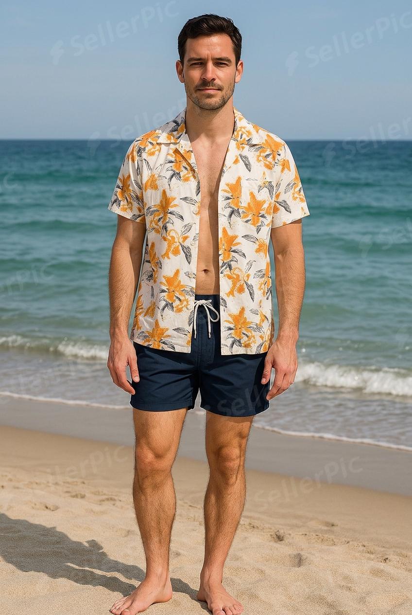 SellerPic try-on result &mdash; the lily-print camp shirt worn open over a bare chest by a model on a beach, full body, with a repeated SellerPic watermark