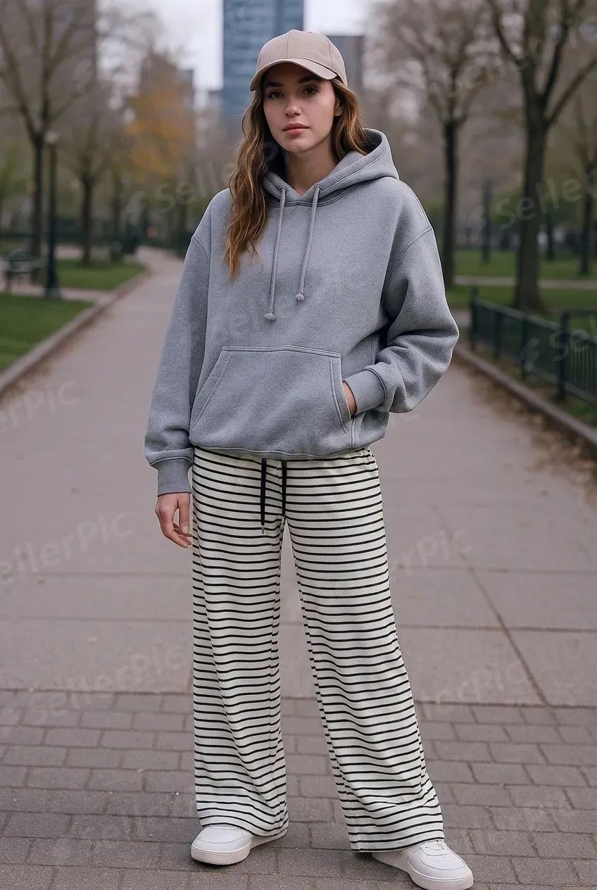 SellerPic try-on result &mdash; the striped wide-leg trousers worn with a grey hoodie by a model on a tree-lined path, full body, with a repeated SellerPic watermark