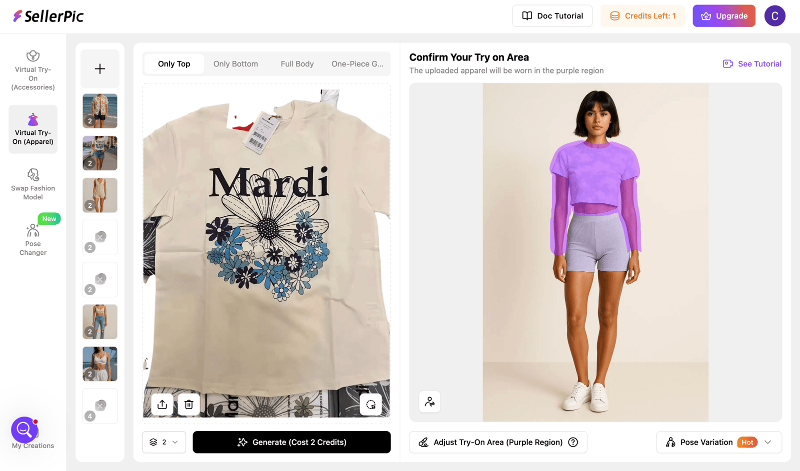 The SellerPic Virtual Try-On apparel workbench with the Mardi floral tee uploaded, the Only Top tab selected, a model preview showing the purple try-on region, and a Generate button reading Cost 2 Credits
