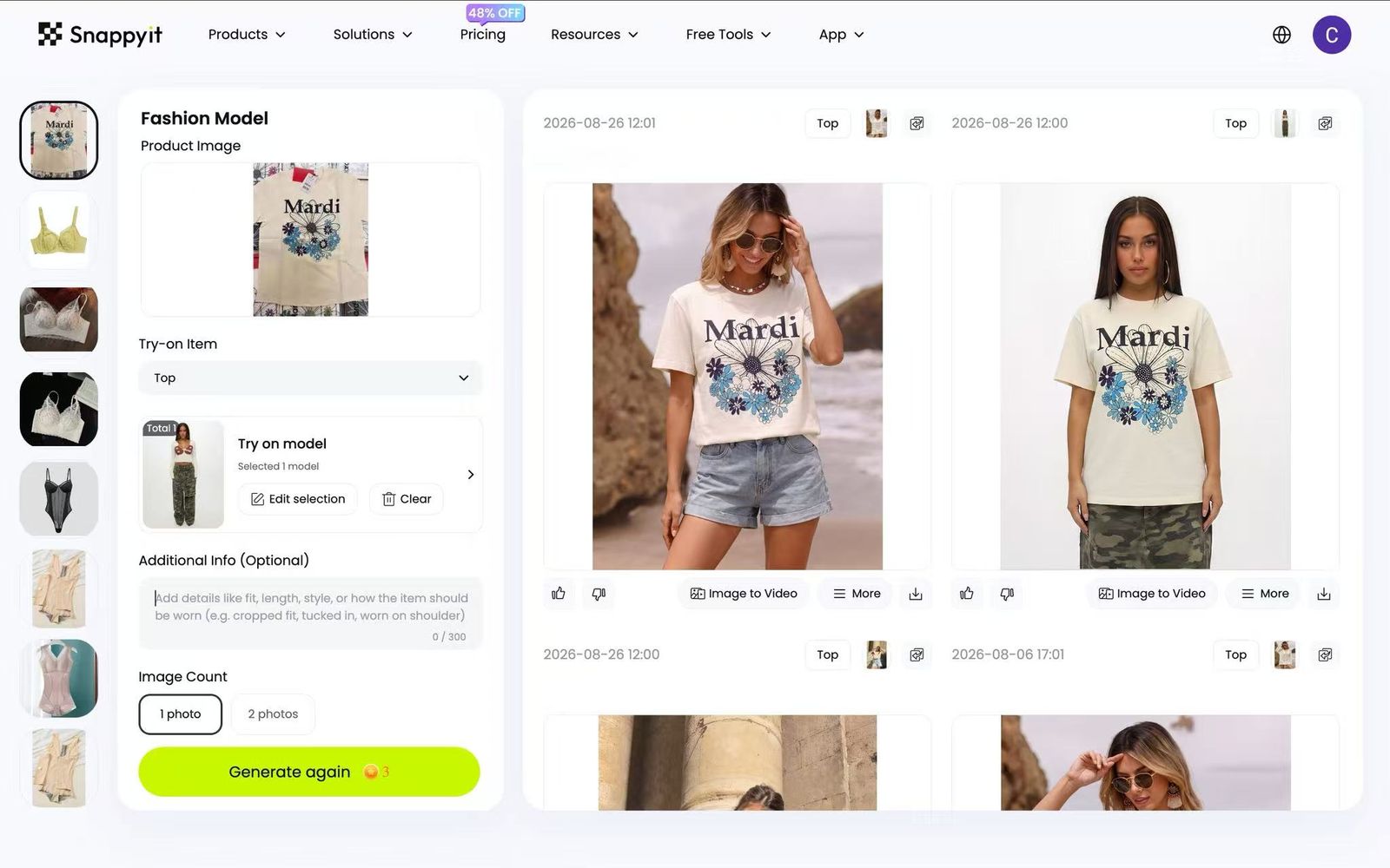 The Snappyit AI Fashion Model workbench with the same Mardi floral tee uploaded, Try-on Item set to Top, one model selected, an Additional Info box and a Generate button showing 3 credits, with the finished on-model images beside it