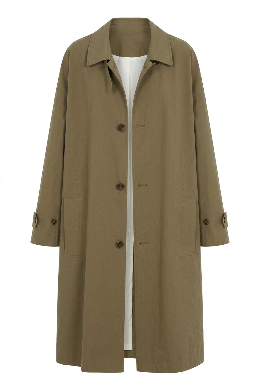 TheNewBlack ghost mannequin result for the khaki long coat on white