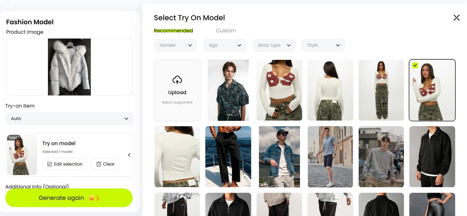 Snappyit AI product photography workspace — the fur-collar down jacket uploaded and the same camo-skirt try-on model selected from the recommended model library
