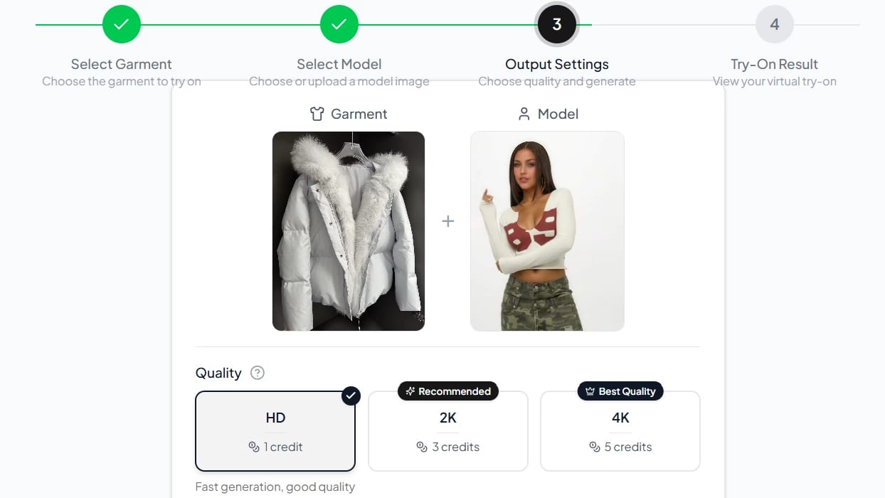WearView AI virtual try-on output settings — the white fur-collar puffer and the selected model, with 2K chosen at 3 credits against HD at 1 and 4K at 5
