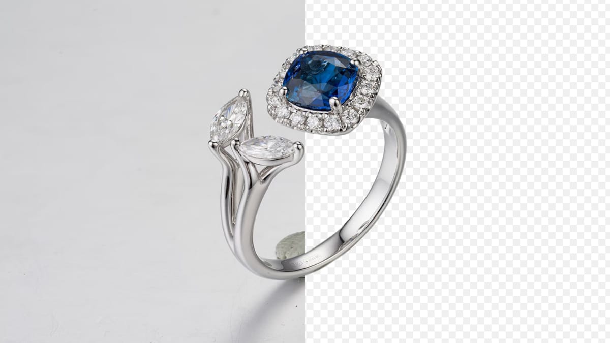 A ring shown on a solid panel and as a transparent PNG cutout after background removal