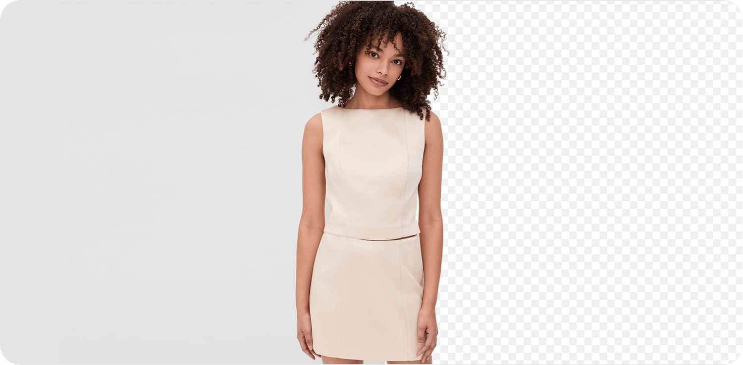 A model photo shown on a solid panel and as a transparent PNG cutout after background removal