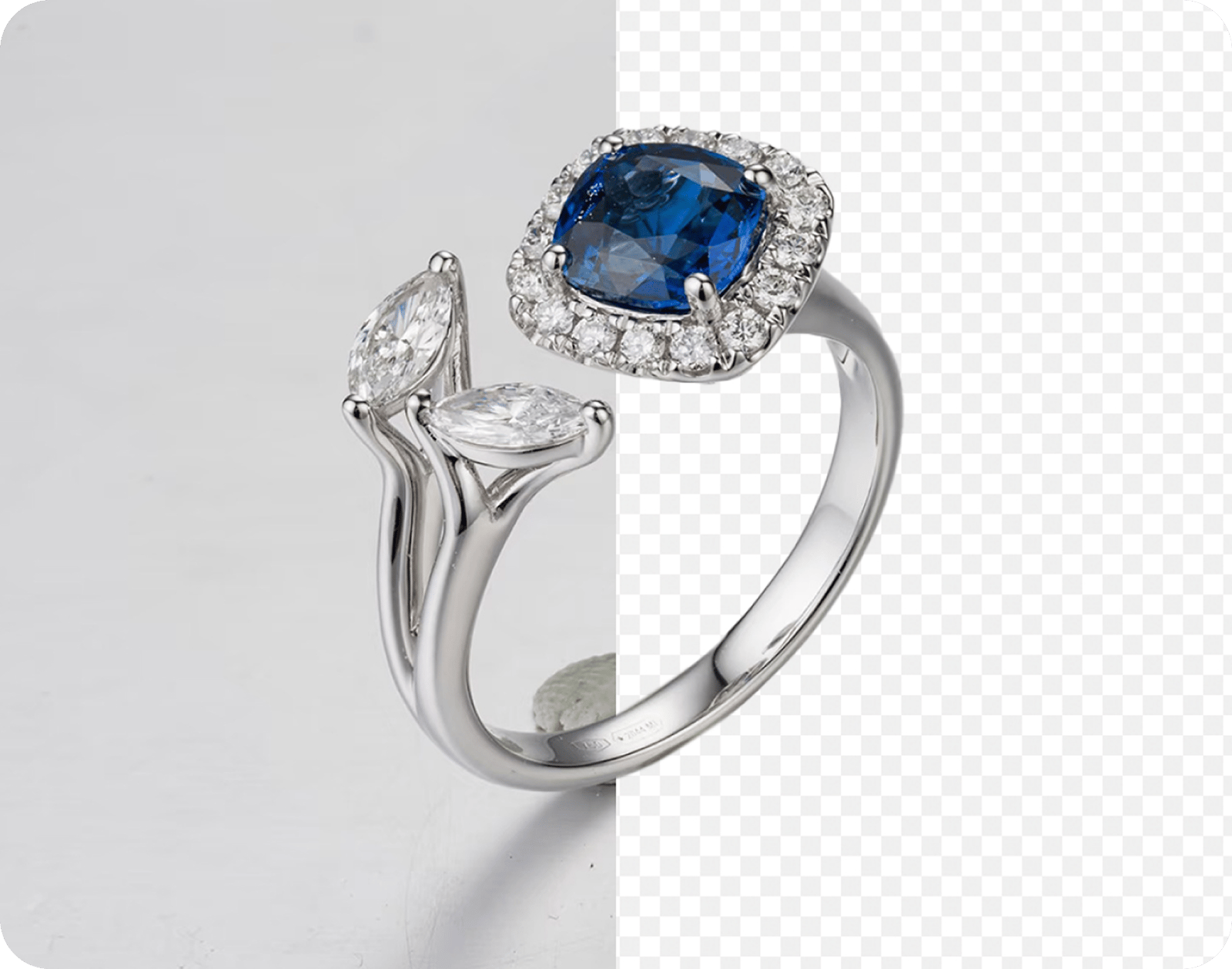 A diamond ring exported as a full-resolution cutout — sharp detail against a transparent and white background
