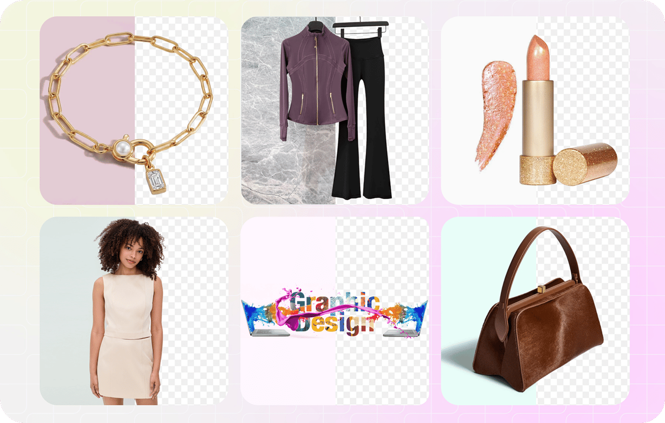 Jewelry, clothing, cosmetics, a model and a handbag with their backgrounds removed to transparent PNG