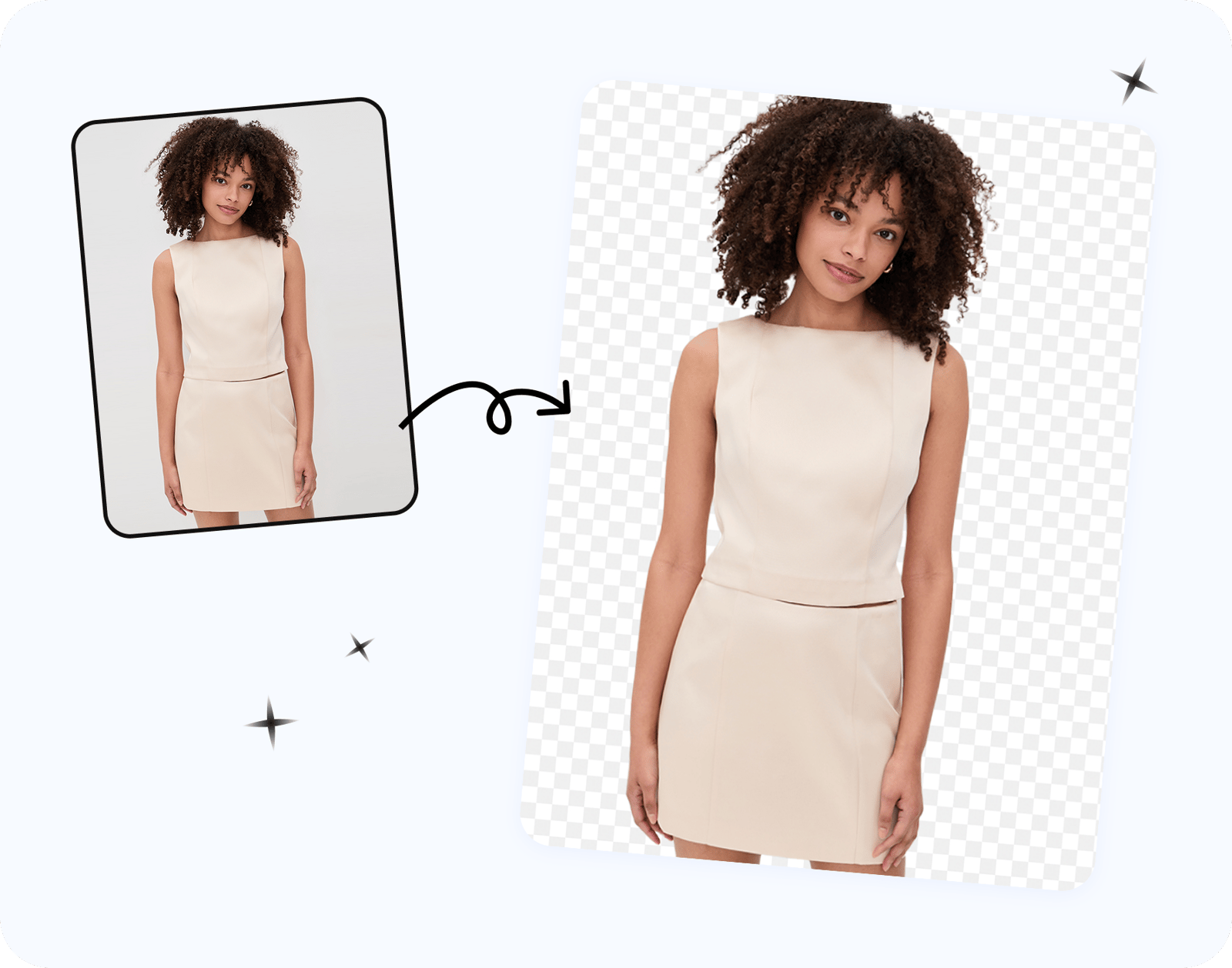 A model photo before and after AI background removal — the cutout preserves curly hair and clean fabric edges