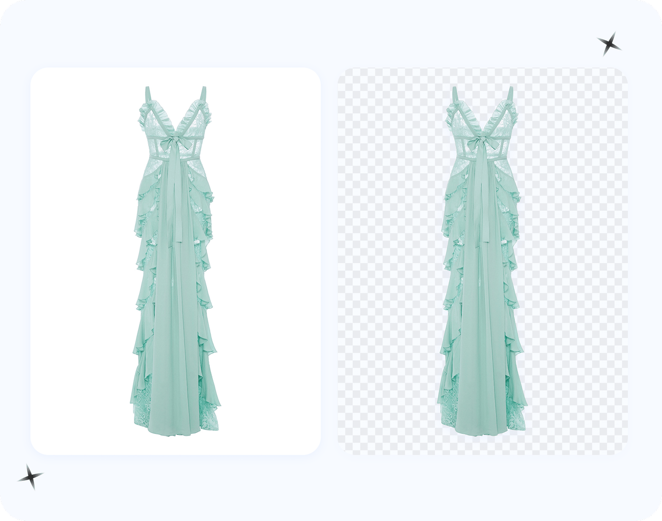 Patterned garments exported two ways — a transparent PNG and on a solid white background