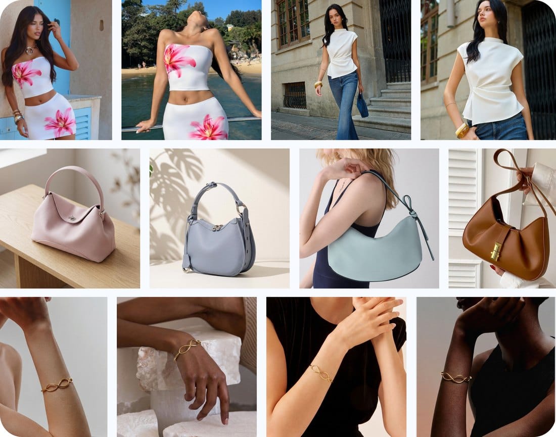 Collage of apparel, handbags and jewelry in varied product-image crops