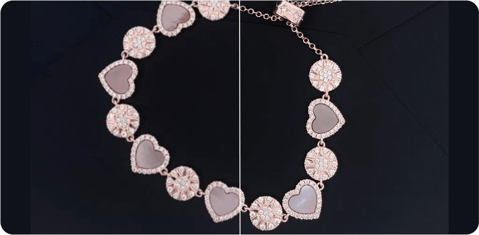 A soft, low-resolution ring photo shown before and after enhancement — facets and metal edges sharpened