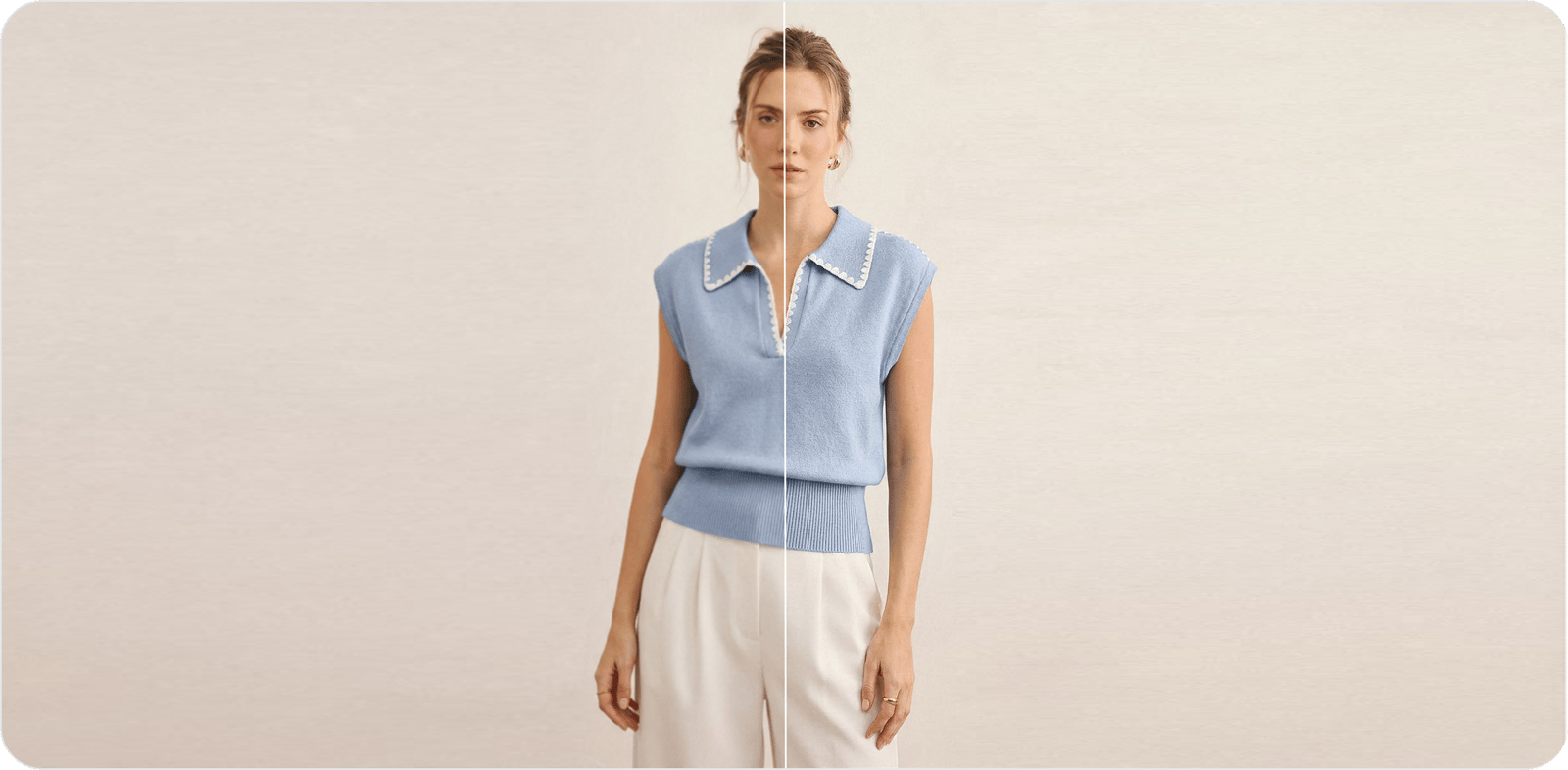 A low-resolution model photo shown before and after upscaling — face and fabric detail reconstructed