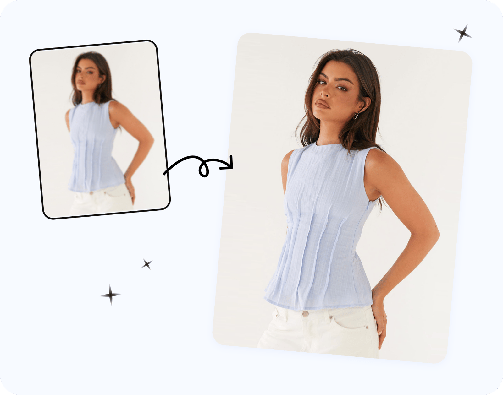 A product photo upscaled with AI versus plain resizing — the AI version shows reconstructed texture and crisp edges