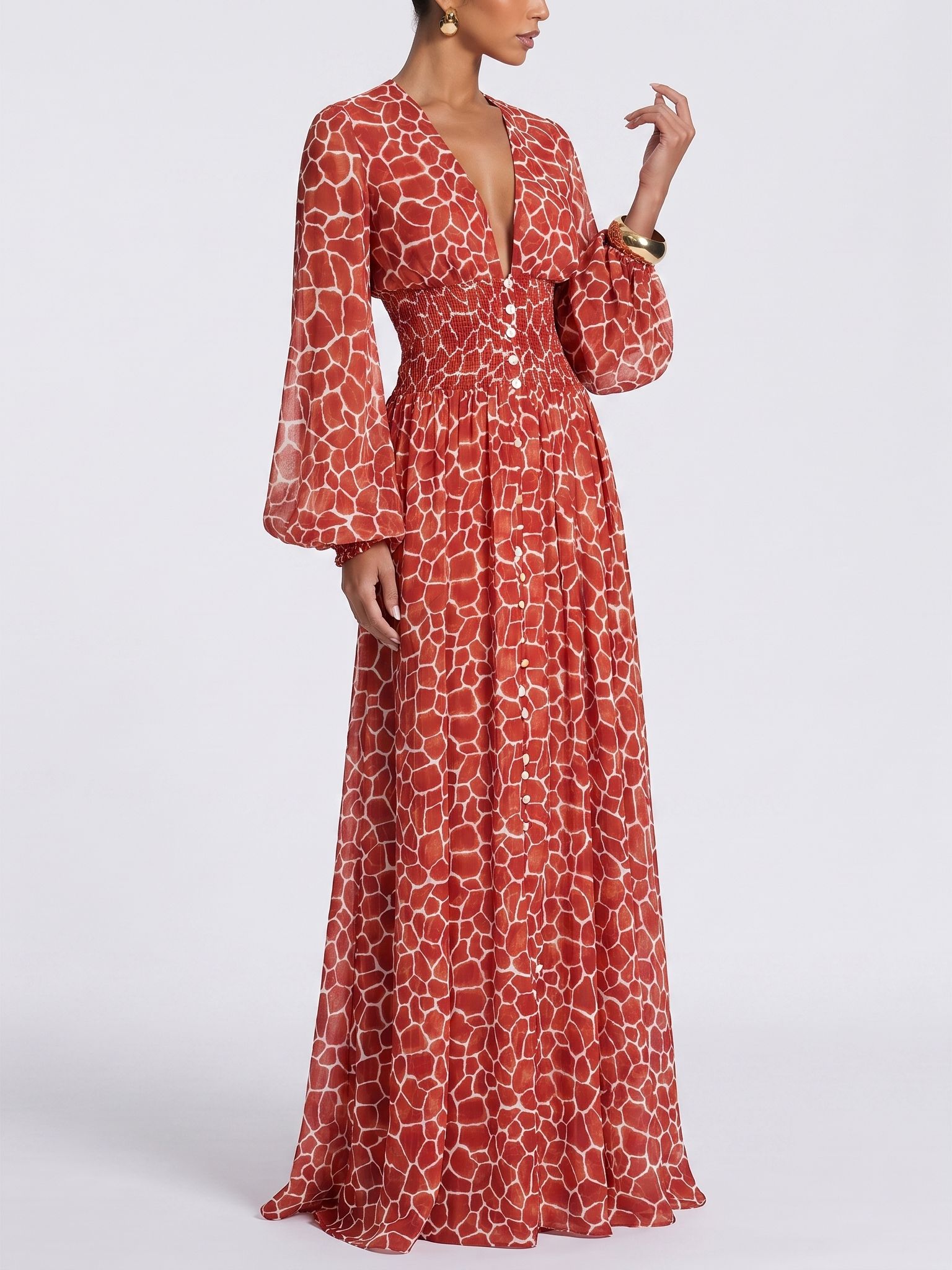 Red patterned maxi dress shown on an AI fashion model