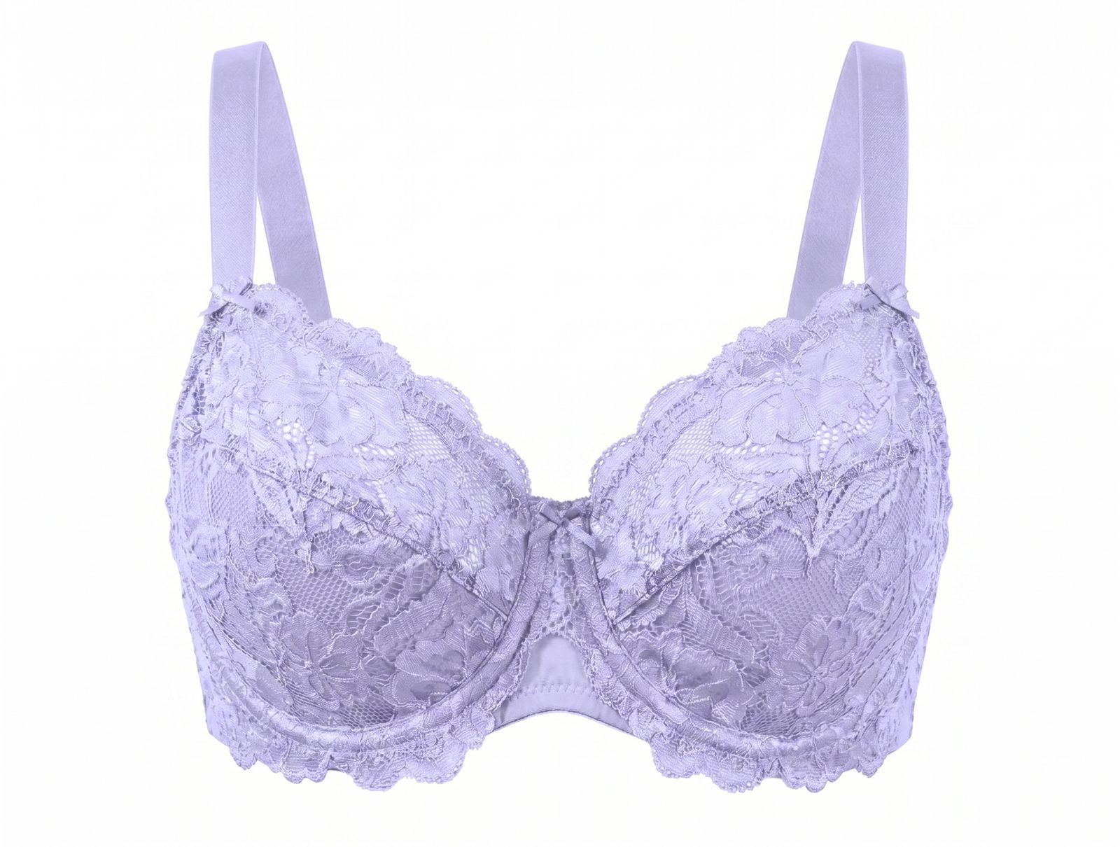 Same bra regenerated as lilac lavender variant by AI Color Change — every lace stitch, mesh panel, and metal hardware preserved across the colorway, no re-shoot needed
