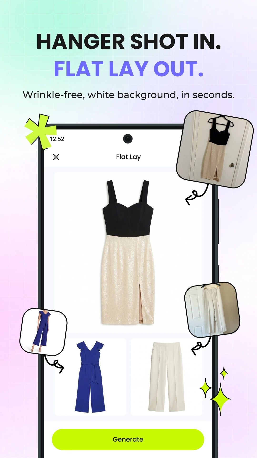 Snappyit Flat Lay app turning hanger and on-model garment photos into clean white-background flat lay images