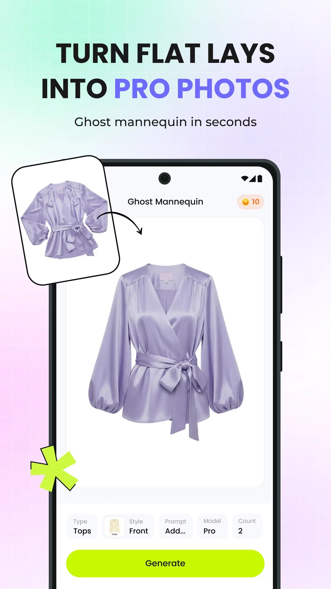 Snappyit mobile Ghost Mannequin workflow turning a purple flat lay blouse into a product photo