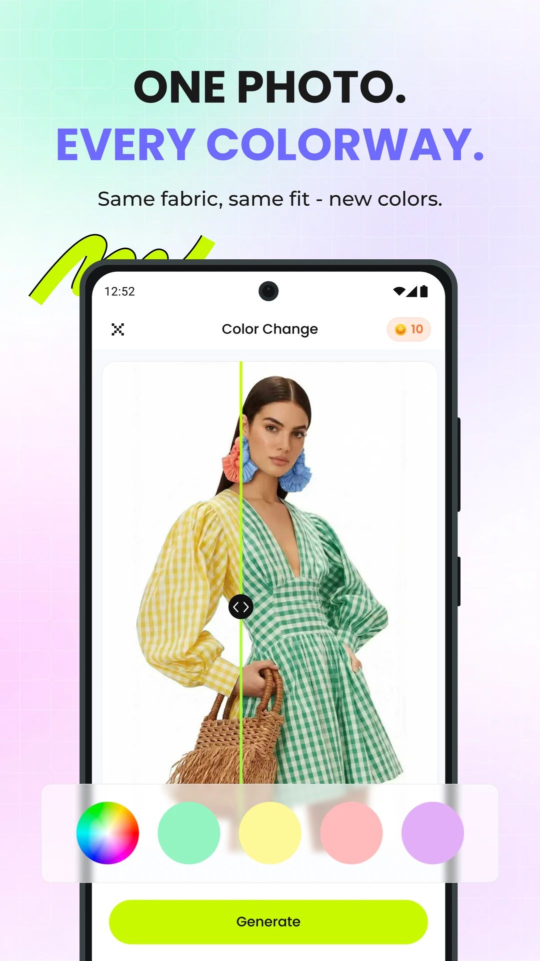 Snappyit Recolor app showing a gingham dress changed from yellow to green with color options
