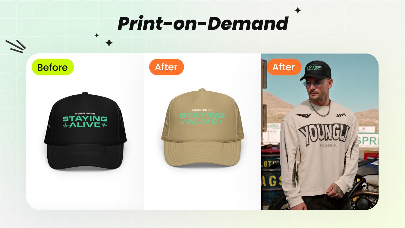 AI Mockup Studio for Print-on-Demand Sellers — POD design transformed across color variants, AI lifestyle on-model, and ghost mannequin outputs in one workflow