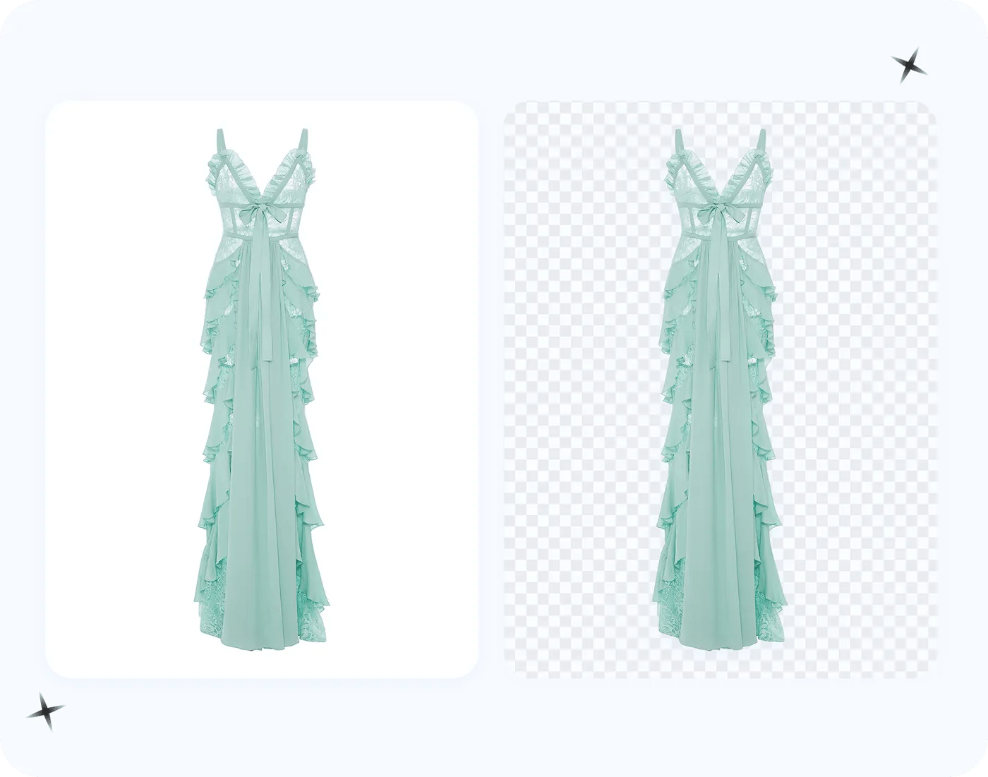 ruffled mint maxi gown shown on a white card next to its clean cutout, ready to drop onto any backdrop color