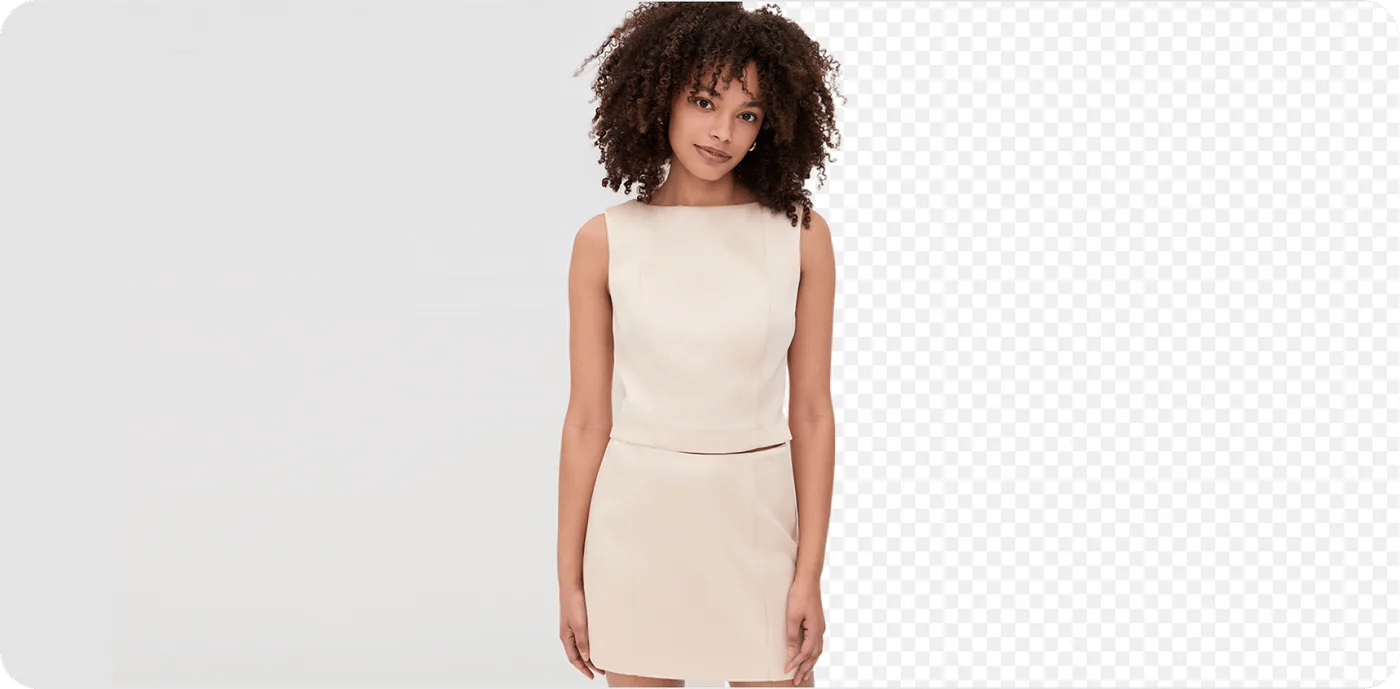 beige two-piece set on a model lifted off a grey studio backdrop to a clean cutout