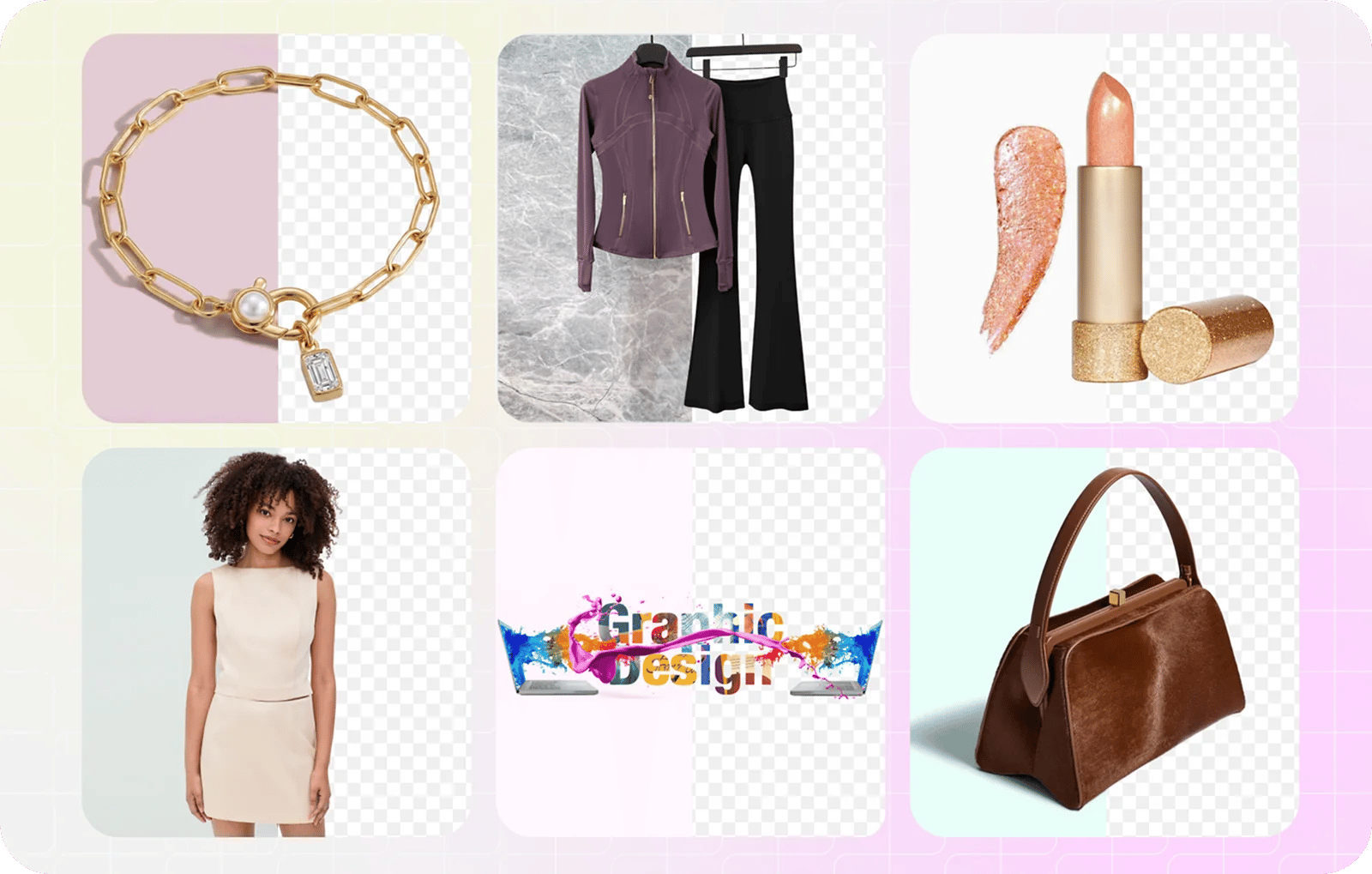 grid of products — a gold bracelet, apparel, a handbag, cosmetics — each cut out cleanly onto a marketplace-ready backdrop