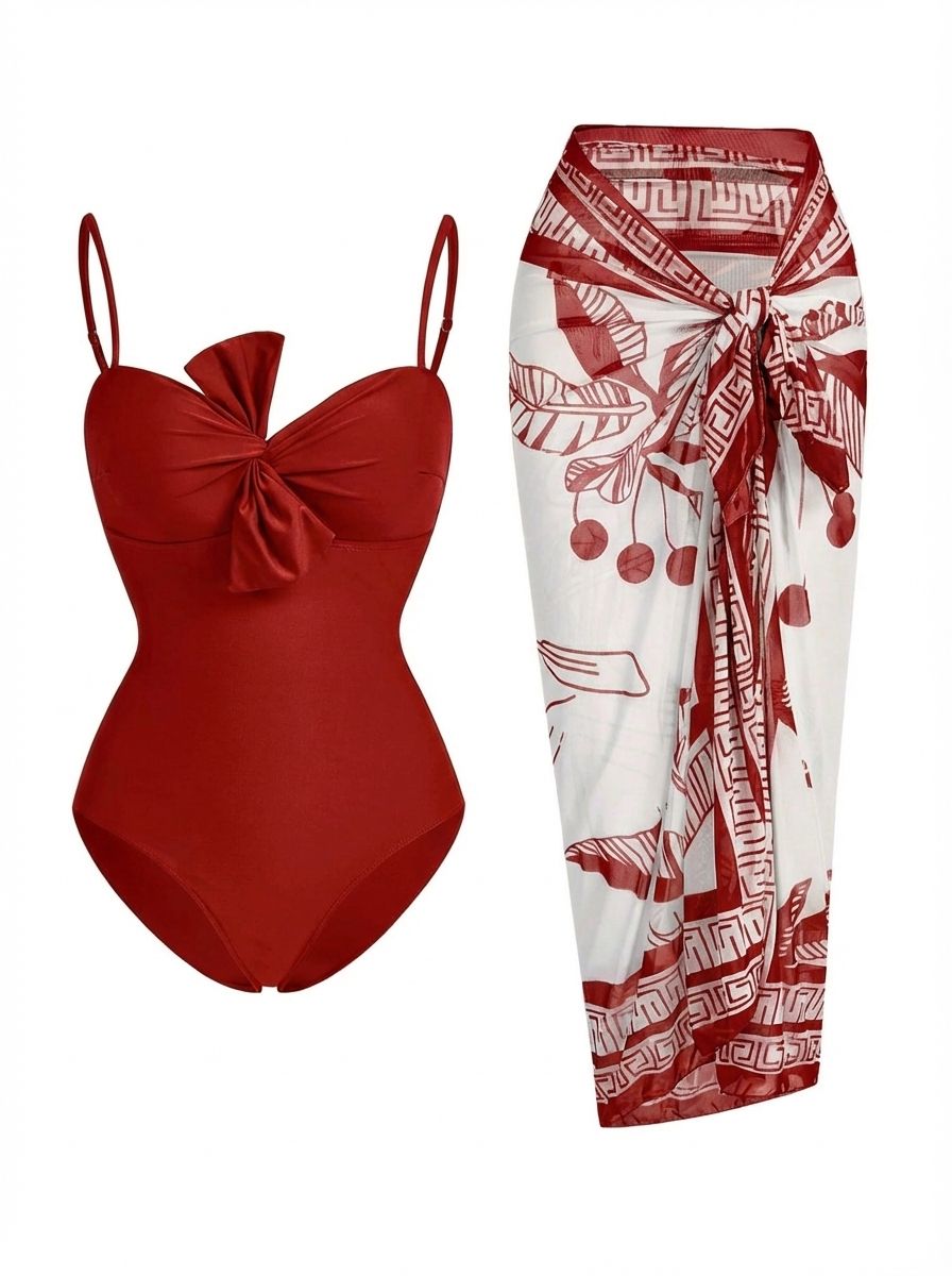 Same swimsuit and printed sarong recolored from emerald green to red