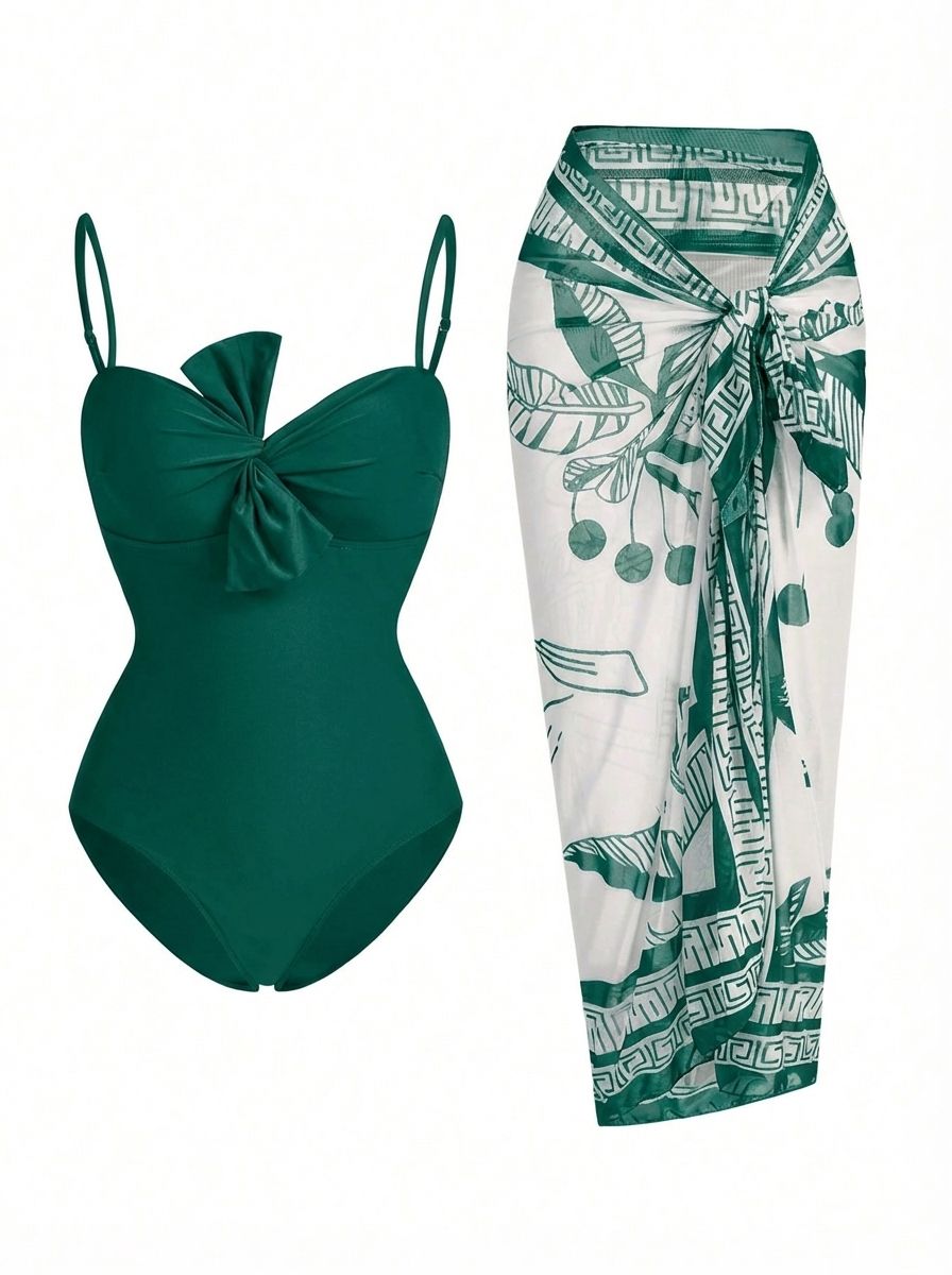 Emerald green swimsuit and printed sarong before product photo recoloring