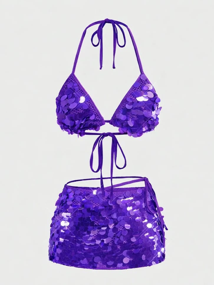 Same sequin two-piece top and skirt recolored purple