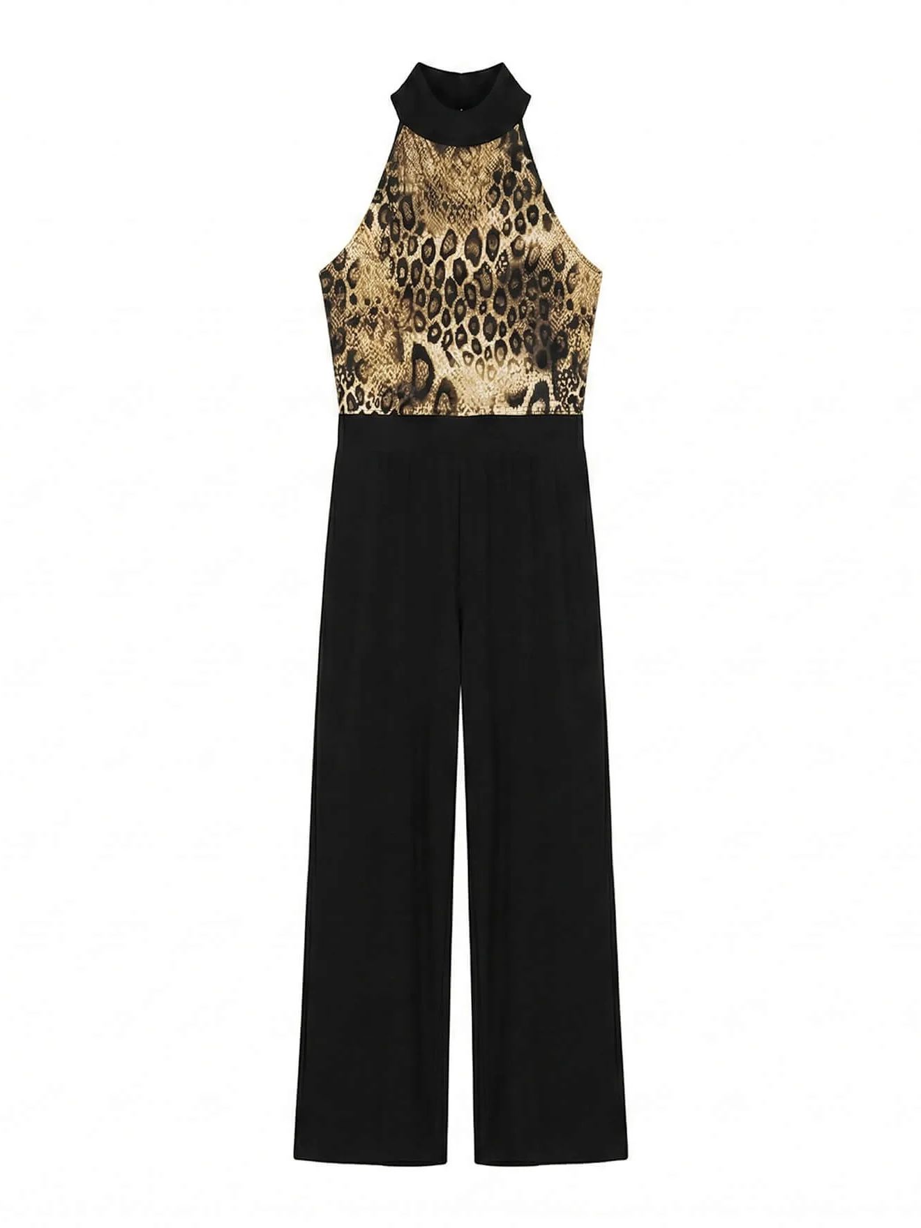 Black and animal-print jumpsuit presented as a clean product-only image for Shopify