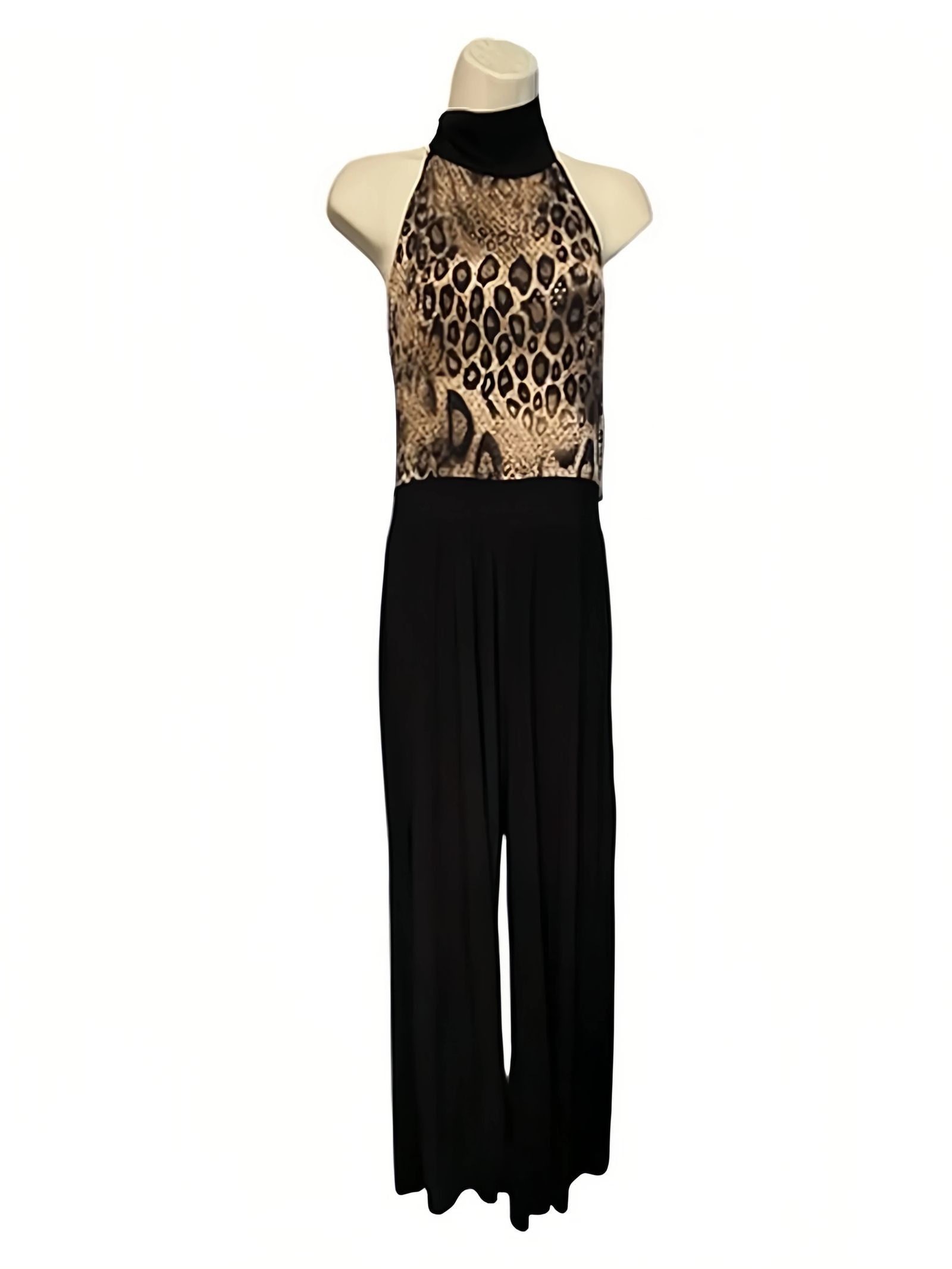 Black and animal-print jumpsuit photographed on a mannequin