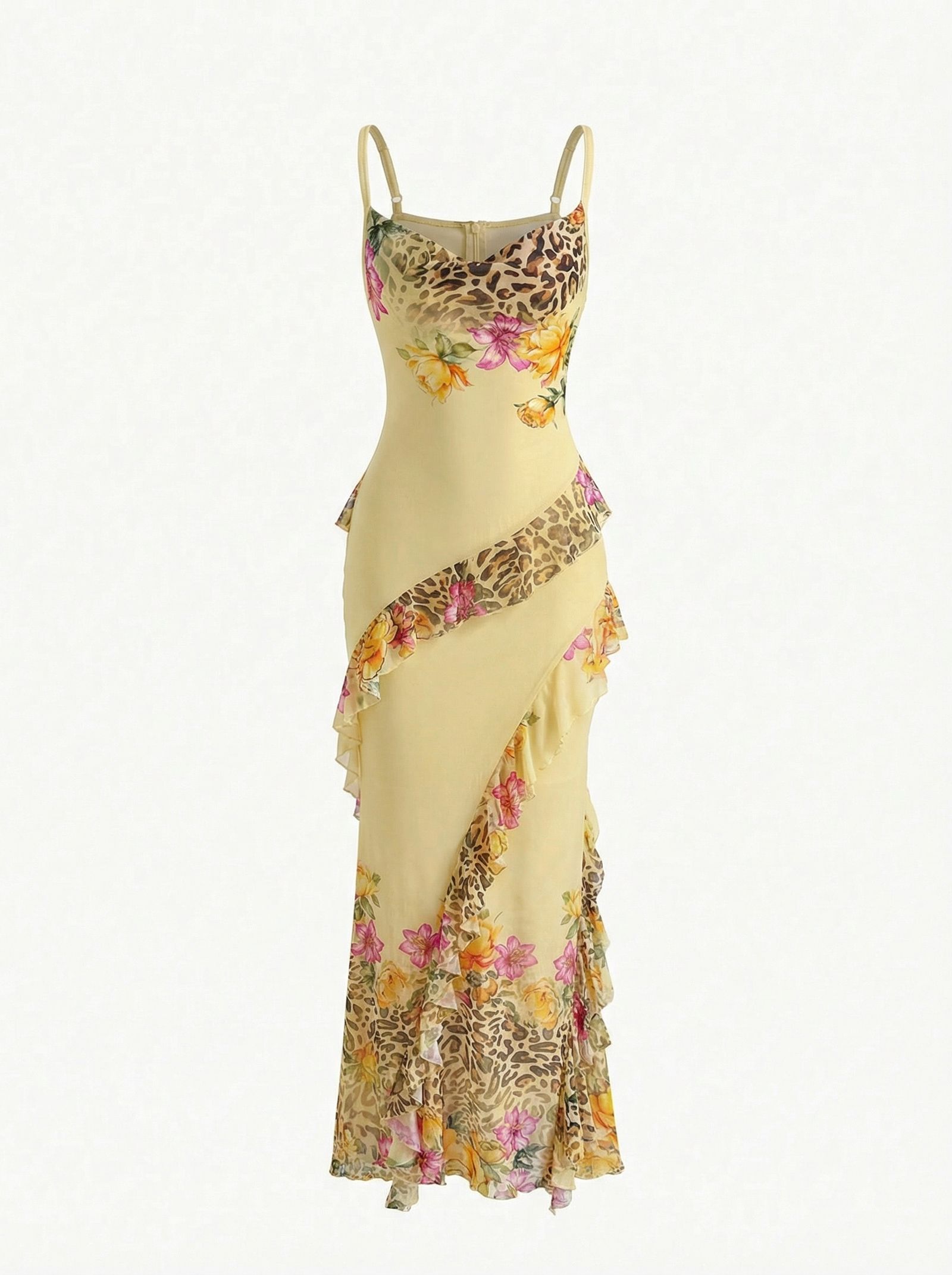 Yellow floral dress shown without the mannequin for a Shopify product page
