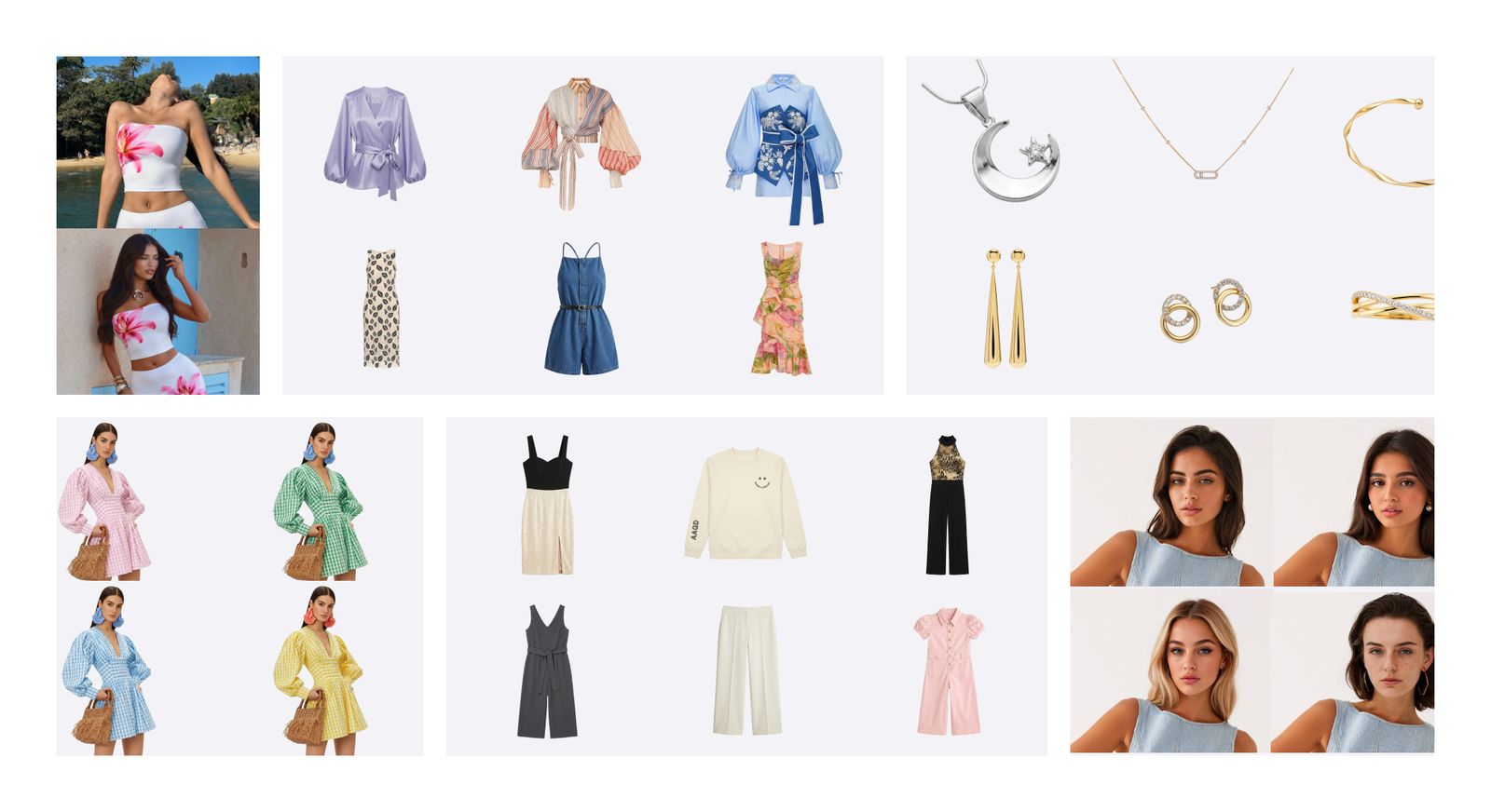 Shopify fashion product photography examples including product images, models, color variants and jewelry