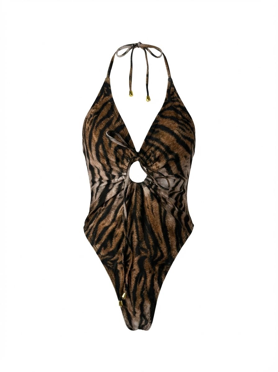 Same tiger-print one-piece rendered as clean 3D invisible-mannequin cutout on pure white background — Amazon main-image RGB 255,255,255 spec ready, no real mannequin