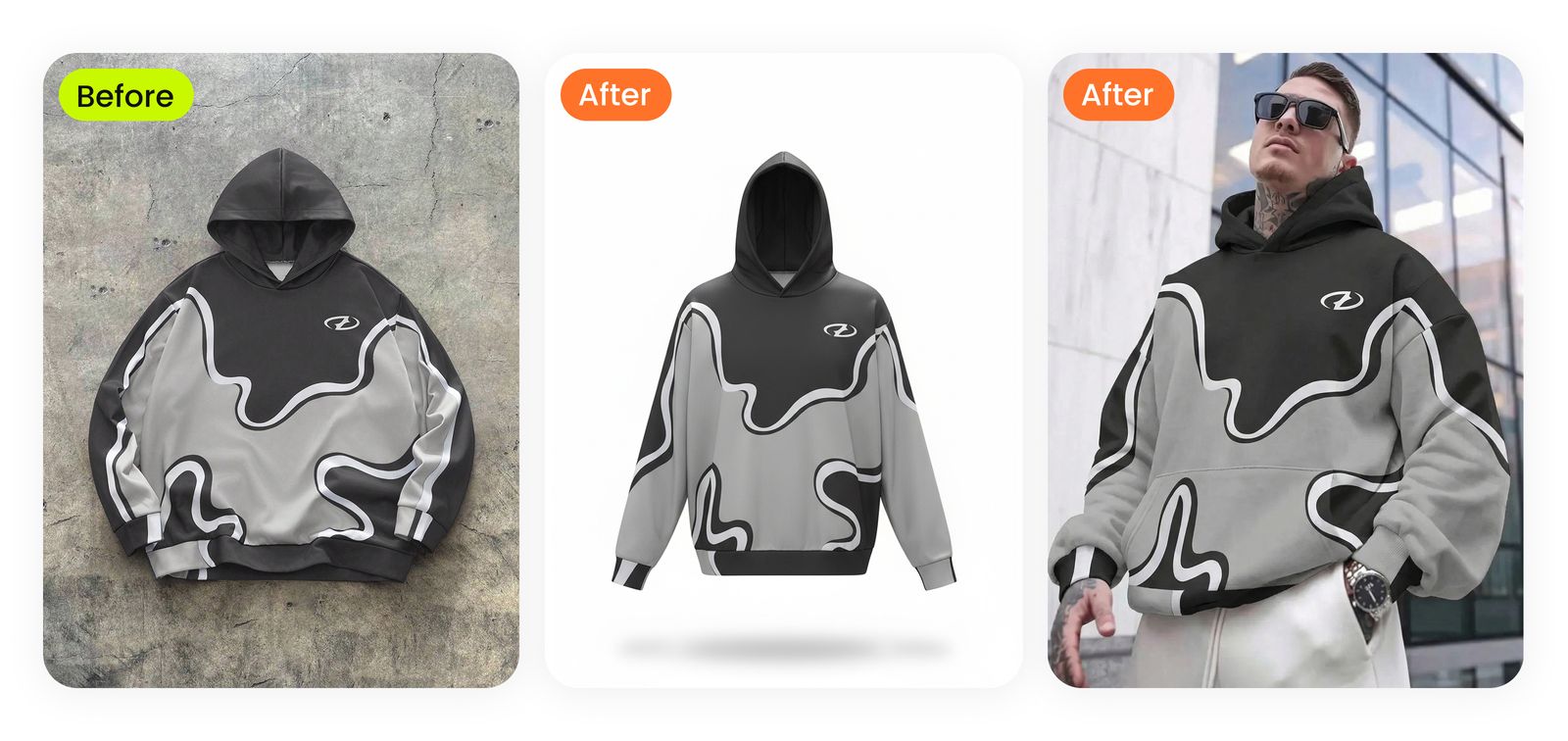 Real thrift find — graffiti-print streetwear hoodie photographed flat on rough concrete (typical Depop seller surface) — transformed into ghost mannequin clean white catalog photo, then rendered on AI male model in urban architectural setting with sunglasses
