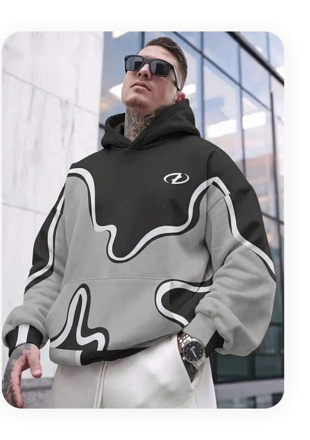 Same streetwear hoodie shown on an AI male model in an urban architectural setting with sunglasses
