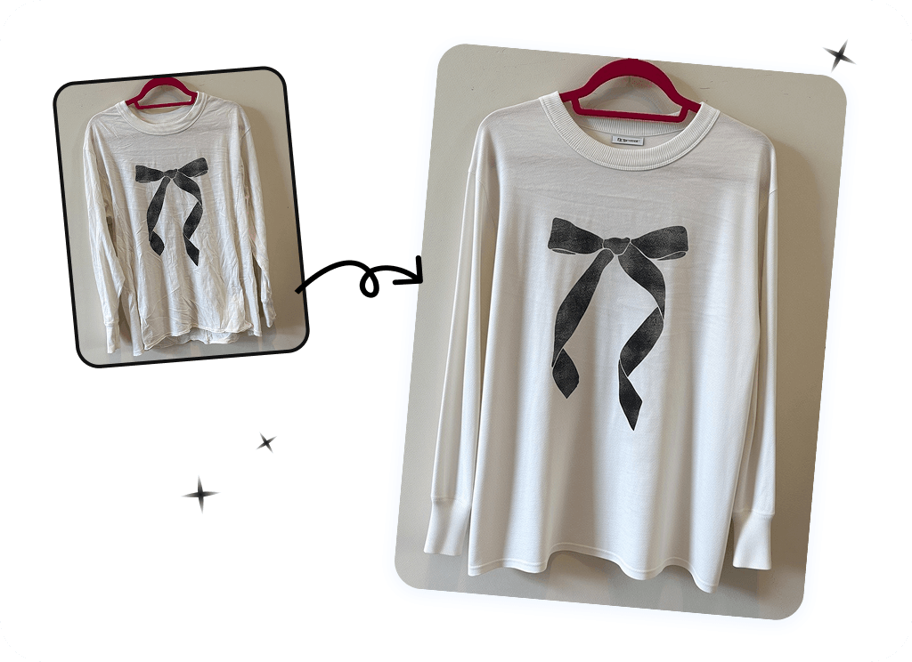 White printed top before and after AI wrinkle removal
