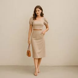 Image of a model wearing a shirt and a skirt, showing apparel ready to animate into a short video
