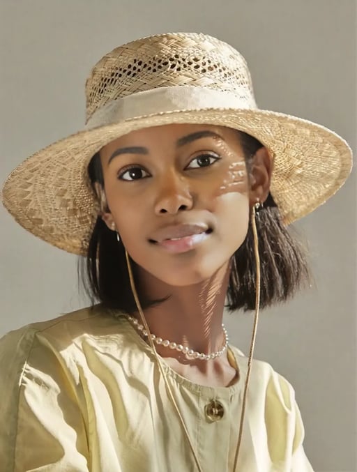 onmodel result on the straw hat portrait using the roshini preset model with smeared hat strings and necklace
