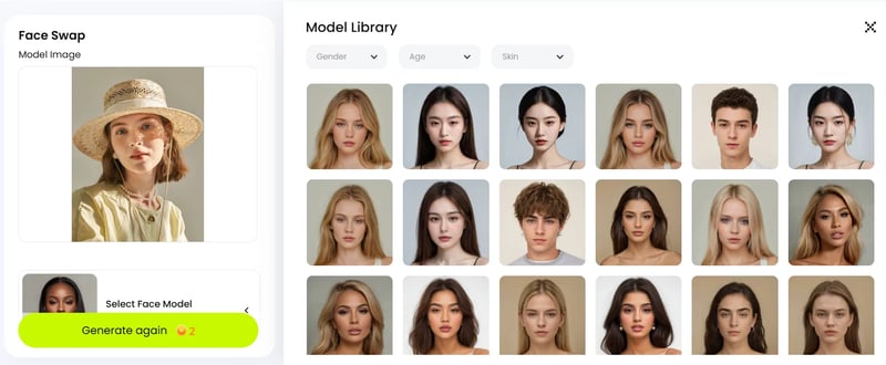 snappyit model library showing preset ai faces filtered by gender age and skin tone