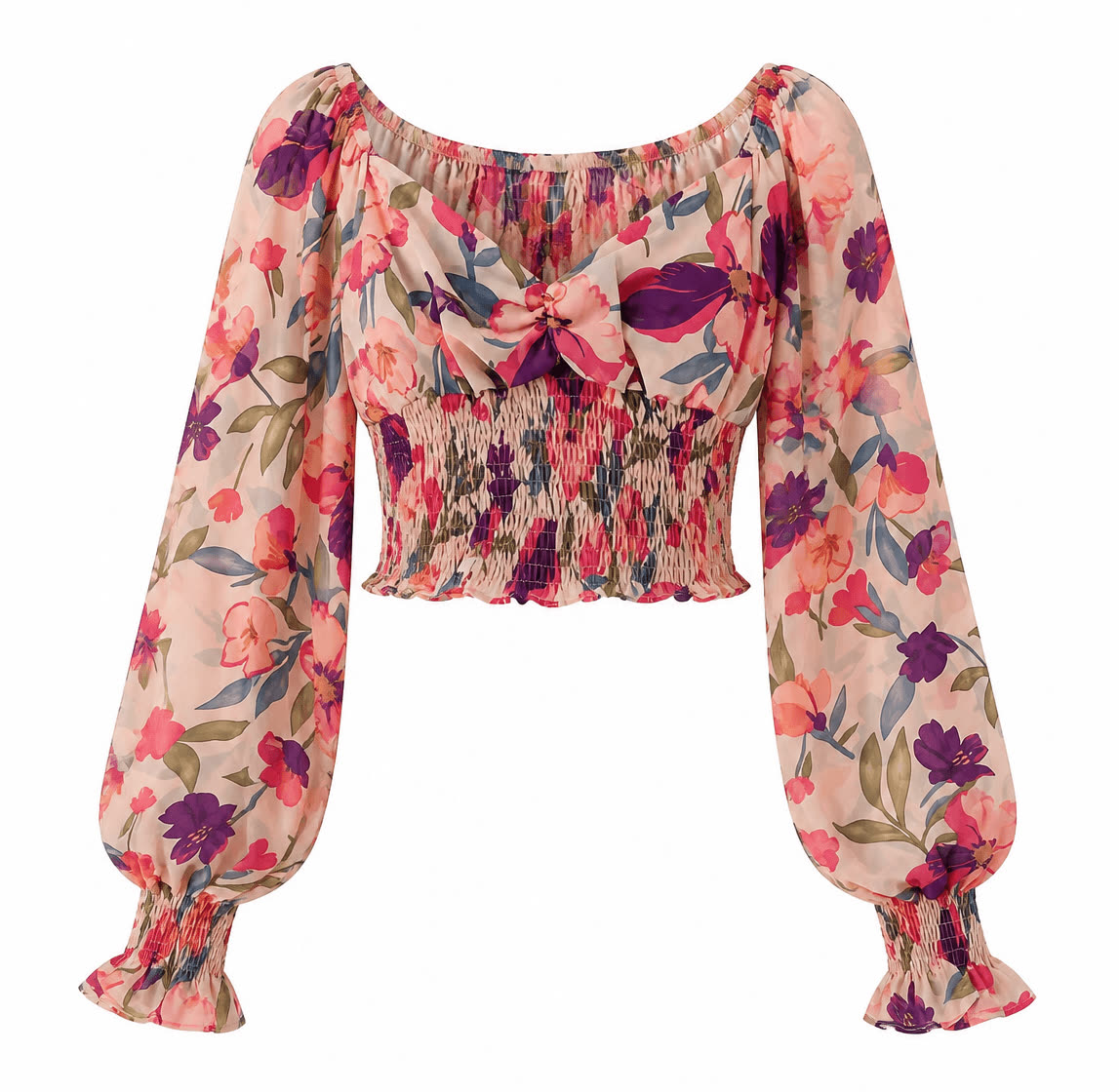 Floral chiffon top presented as a ghost mannequin image