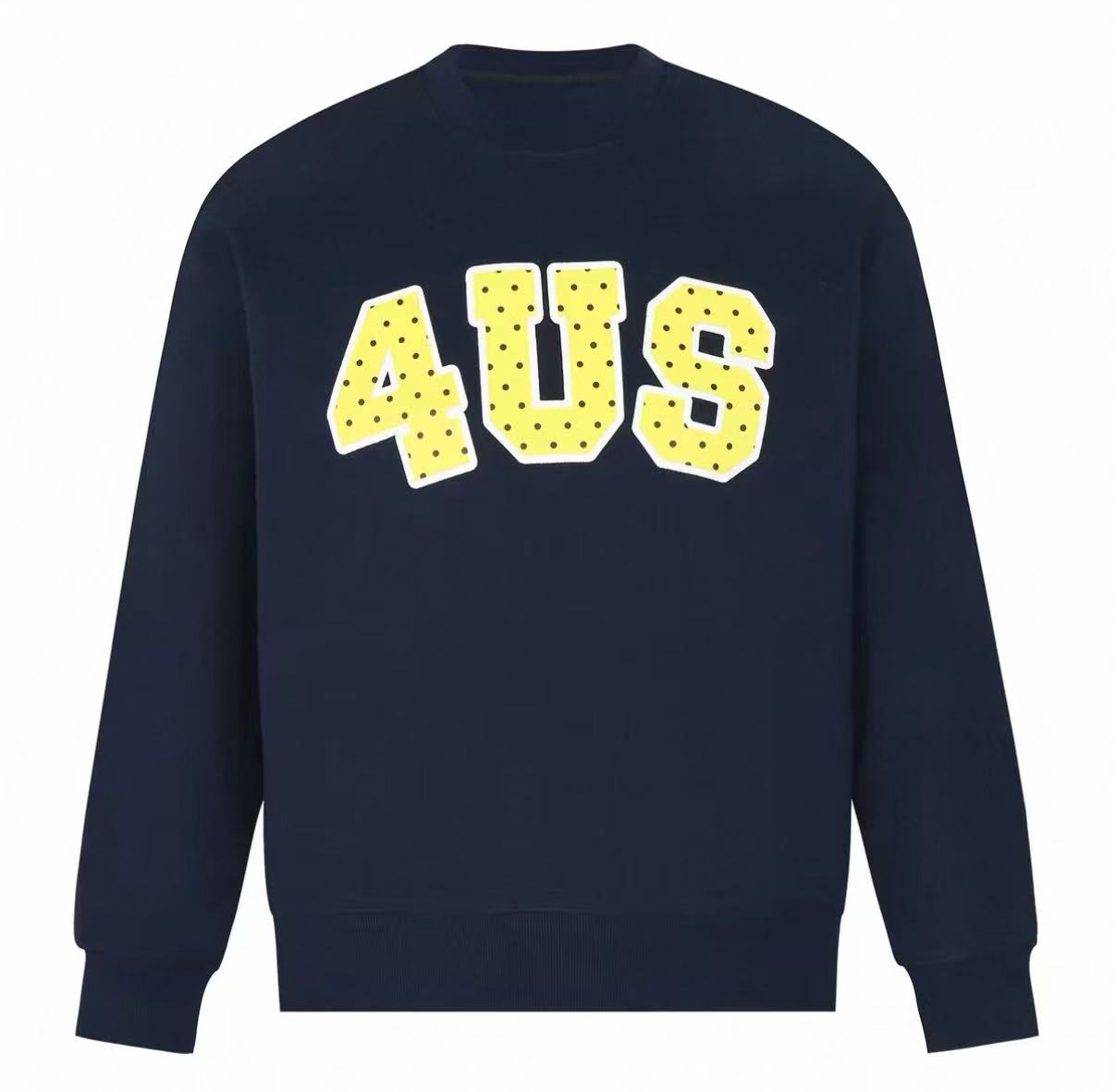 Source photo of a navy sweatshirt with a yellow polka-dot 4US print