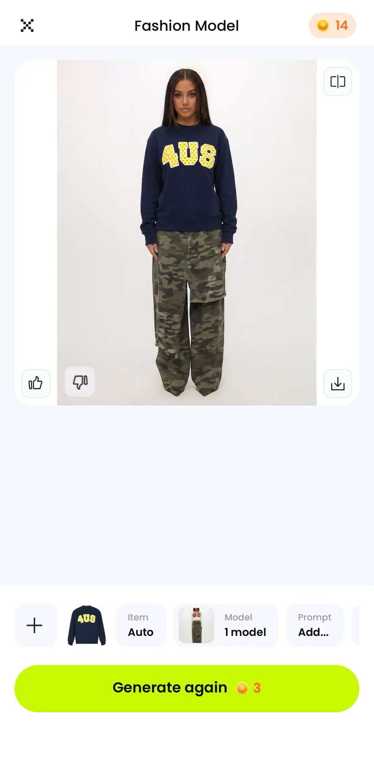 Snappyit Fashion Model result with download and Generate again controls