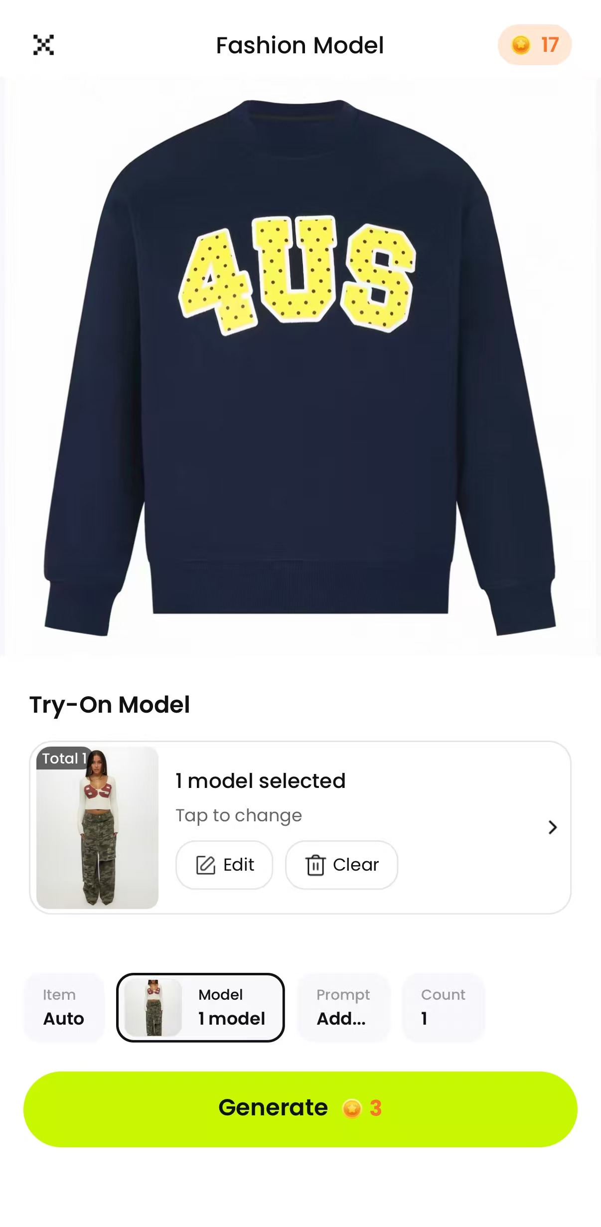 Snappyit Fashion Model settings with one model selected and a three-credit Generate button