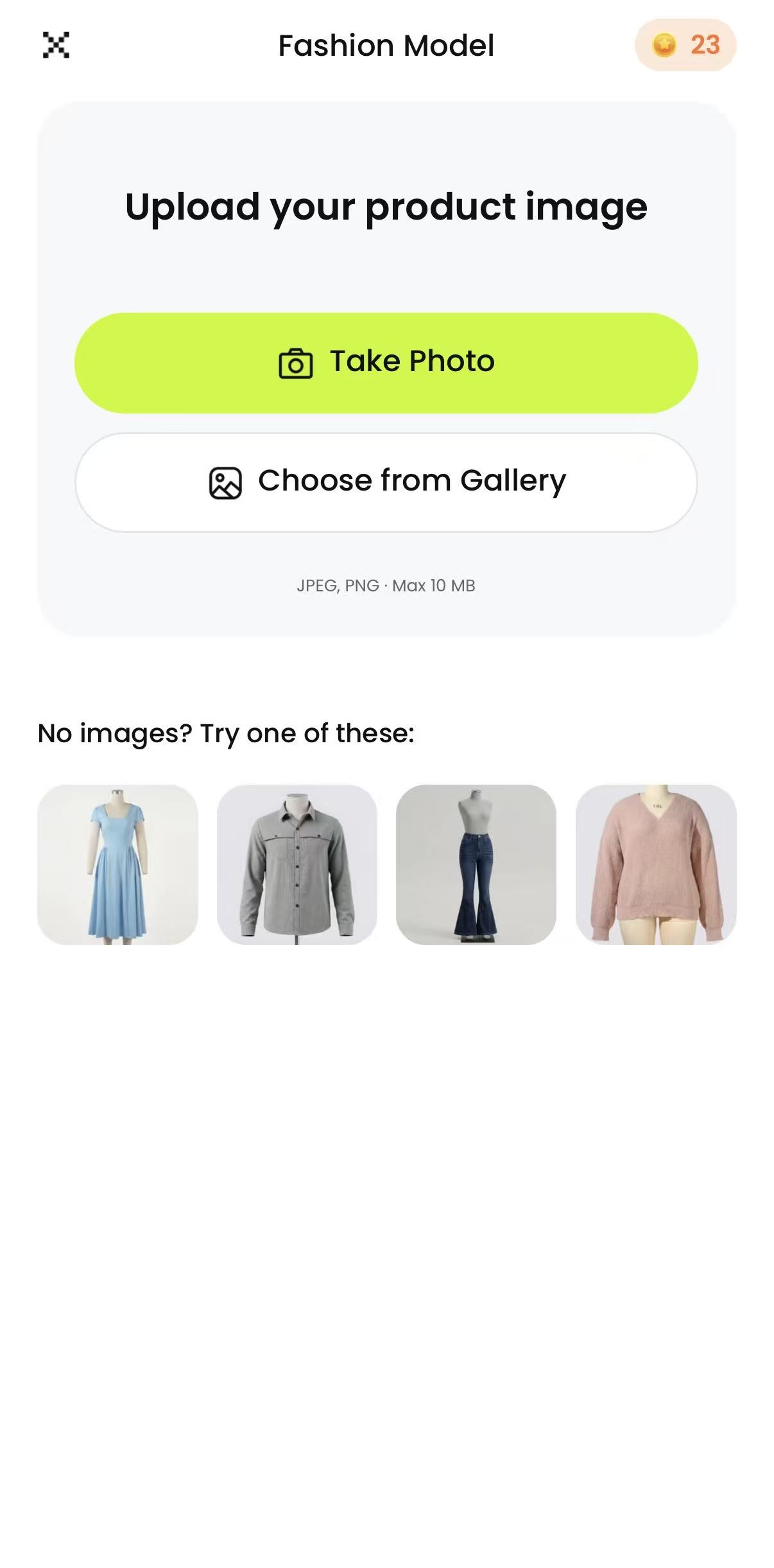 Snappyit Fashion Model upload screen with camera and gallery options