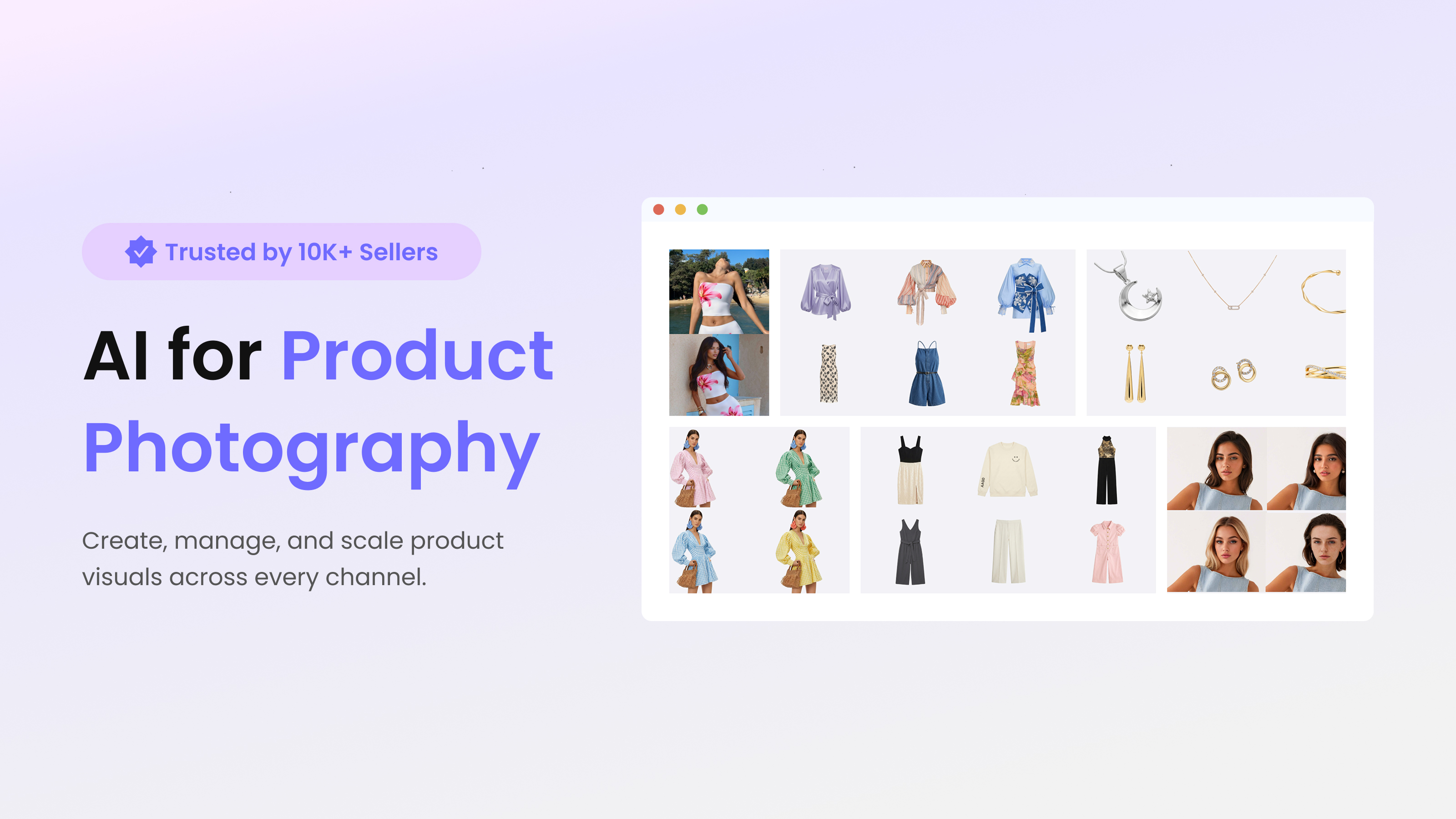 AI product photography workspace showing fashion, apparel, jewelry, and ecommerce product images