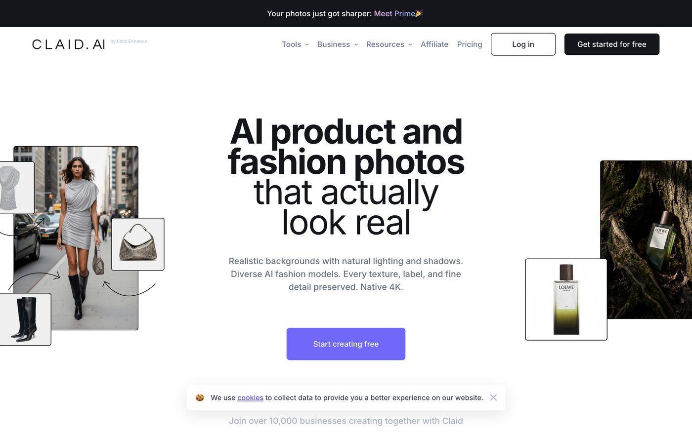 Claid.ai homepage — AI product and fashion photos with native 4K output